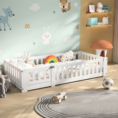 Lit Enfant 90x190cm Avec Barriere Et Porte Bois Massif Blanc