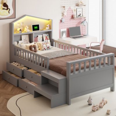Lit enfant 90x200 cm en Bois Massif avec 4 Tiroirs de Rangement et Éclairage LED - Sans Matelas - Gris