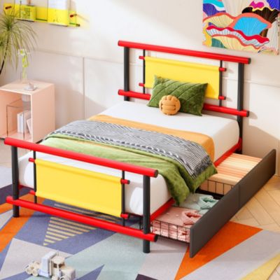 Lit enfant 90x200 cm en métal rouge avec tiroirs de rangement
