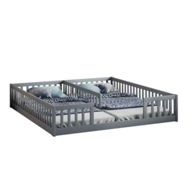 Lit enfant 90x200 cm en pin gris avec barrière de sécurité et sommier à lattes