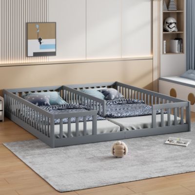 Lit enfant 90x200 cm en pin gris avec barrière de sécurité et sommier à lattes