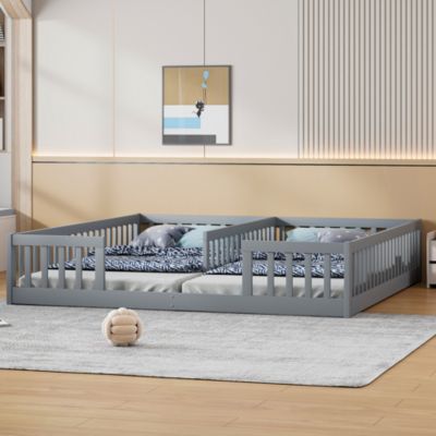 Lit enfant 90x200 cm en pin gris avec barrière de sécurité et sommier à lattes