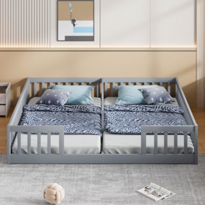 Lit enfant 90x200 cm en pin gris avec barrière de sécurité et sommier à lattes