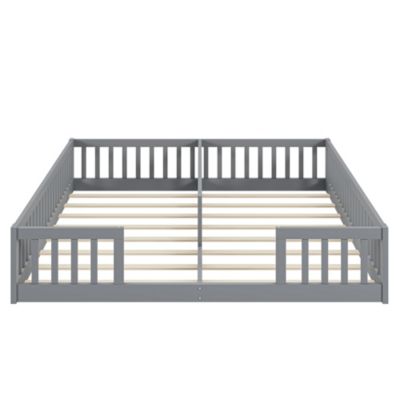 Lit enfant 90x200 cm en pin gris avec barrière de sécurité et sommier à lattes