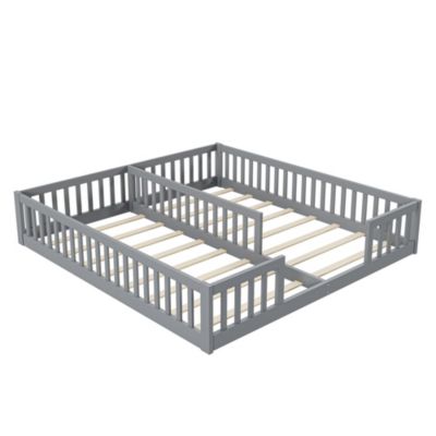 Lit enfant 90x200 cm en pin gris avec barrière de sécurité et sommier à lattes