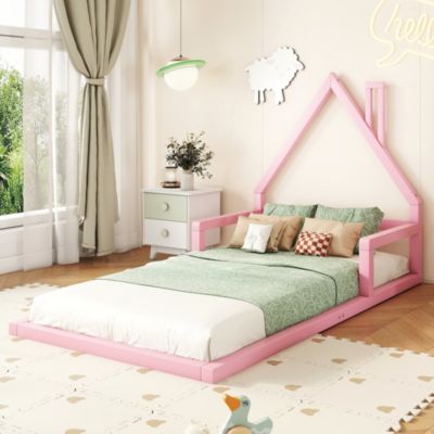 Lit enfant 90x200 cm en pin rose forme maison