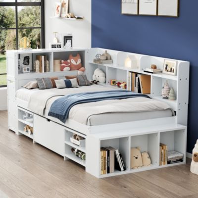 Lit enfant 90x200 cm - Lit avec Rangement et Bibliothèque, Lit Combiné en MDF Blanc, Sans Matelas