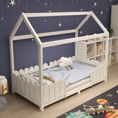 Lit enfant 90x200 cm - Lit Cabane avec Clôtures et Sommier Inclus, Structure en Bois de Pin, Sans Matelas,  Blanche