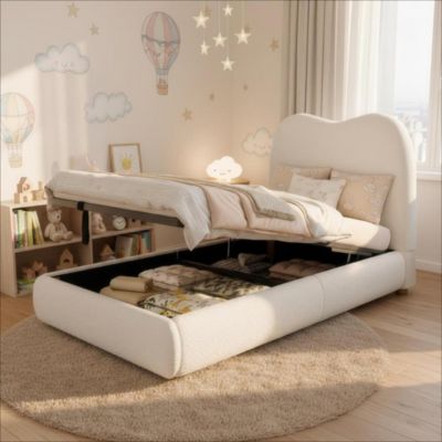 Lit Enfant 90x200 cm, Lit Coffre Simple avec Rangement Hydraulique et Tête de Lit Rembourrée en Velours, Sans Matelas - Beige