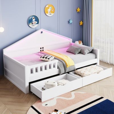 Lit Enfant 90x200 cm - Lit Enfant avec Éclairage LED et 2 Tiroirs de Rangement, sans Matelas - en MDF, Blanc
