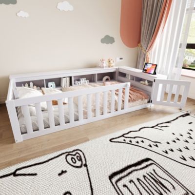 Lit enfant 90x200 cm - Lit enfant avec Rangement et Sécurité, Structure en Pin MDF Contreplaqué, Sans Matelas, Blanc