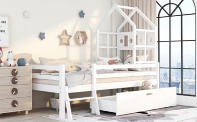 Lit enfant 90x200 cm - Lit enfant Simple avec Échelle, Tiroirs et Cadre en Bois Massif, Blanc, Sans Matelas