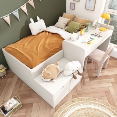 Lit enfant 90x200 cm - Lit simple avec bureau intégré et tiroirs de rangement - Bois massif, pin et MDF - Blanc - Sans matelas