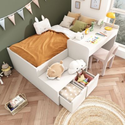 Lit enfant 90x200 cm - Lit simple avec bureau intégré et tiroirs de rangement - Bois massif, pin et MDF - Blanc - Sans matelas