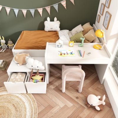 Lit enfant 90x200 cm - Lit simple avec bureau intégré et tiroirs de rangement - Bois massif, pin et MDF - Blanc - Sans matelas