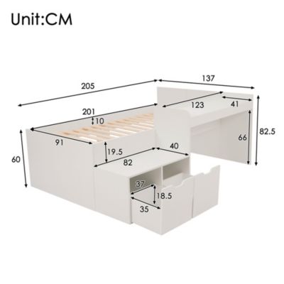 Lit enfant 90x200 cm - Lit simple avec bureau intégré et tiroirs de rangement - Bois massif, pin et MDF - Blanc - Sans matelas