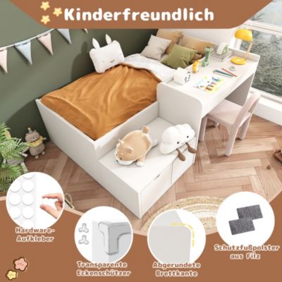 Lit enfant 90x200 cm - Lit simple avec bureau intégré et tiroirs de rangement - Bois massif, pin et MDF - Blanc - Sans matelas
