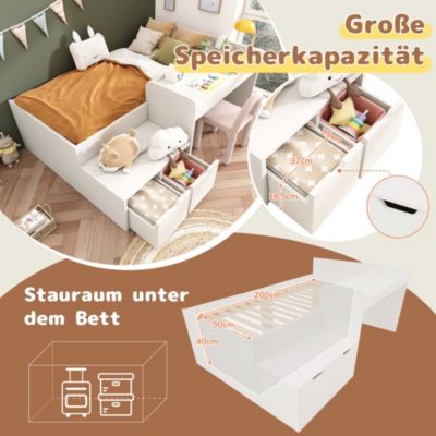 Lit enfant 90x200 cm - Lit simple avec bureau intégré et tiroirs de rangement - Bois massif, pin et MDF - Blanc - Sans matelas