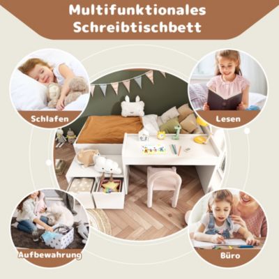 Lit enfant 90x200 cm - Lit simple avec bureau intégré et tiroirs de rangement - Bois massif, pin et MDF - Blanc - Sans matelas
