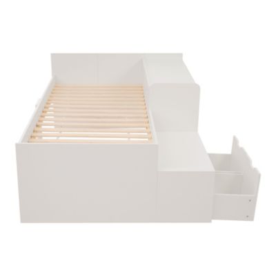 Lit enfant 90x200 cm - Lit simple avec bureau intégré et tiroirs de rangement - Bois massif, pin et MDF - Blanc - Sans matelas