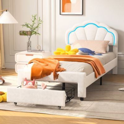 Lit enfant 90x200 cm rembourré avec LED, tiroir, tête de lit fleur/coquillage et sommier à lattes