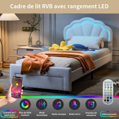 Lit enfant 90x200 cm rembourré avec LED, tiroir, tête de lit fleur/coquillage et sommier à lattes