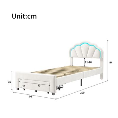 Lit enfant 90x200 cm rembourré avec LED, tiroir, tête de lit fleur/coquillage et sommier à lattes