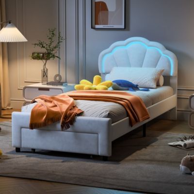 Lit enfant 90x200 cm rembourré avec LED, tiroir, tête de lit fleur/coquillage et sommier à lattes
