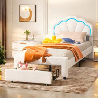 Lit enfant 90x200 cm rembourré avec LED, tiroir, tête de lit fleur/coquillage et sommier à lattes