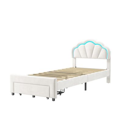 Lit enfant 90x200 cm rembourré avec LED, tiroir, tête de lit fleur/coquillage et sommier à lattes