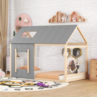 Lit enfant 90x200cm, en forme de maison, Naturel + Gris