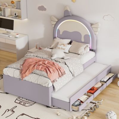 Lit Enfant 90x200cm, Lit Licorne avec Lit Escamotable, Violette