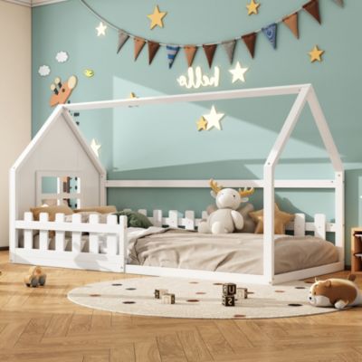 Lit Enfant 90x200cm, Maison avec Rampe, Blanc