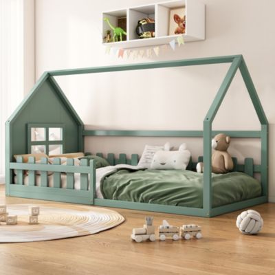 Lit Enfant 90x200cm, Maison avec Rampe, Vert