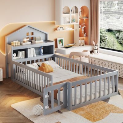 Lit enfant cabane 90x200 cm en bois massif gris avec rangements et sommier