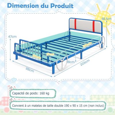 Lit Enfant Forme de Voiture Charge 150KG Structure Solide et Durable avec Tête Délicate Rembourrée