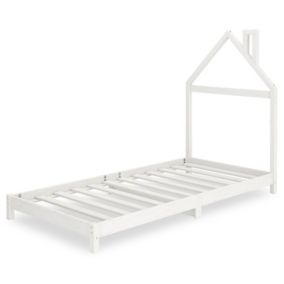 Lit enfant LIZ tête de lit en forme de maison, Lit au sol Montessori, Pour couchage 90 x 190 cm bois de pin massif, Blanc