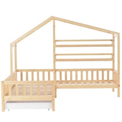 Lit Enfant Maison Bois Tiroirs Étages Naturel Blackcolors