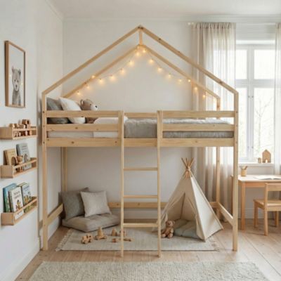 Lit enfant mezzanine cabane 90 x 190 cm pin naturel sommier à lattes inclus - Roya