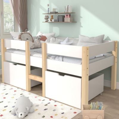 Lit enfant mi-hauteur 90 x 190 cm en bois massif blanc et chêne avec tiroir et barrière de sécurité