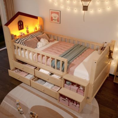 Lit enfant mi-hauteur 90x200cm - avec 4 tiroirs - avec éclairage LED - avec échelle de rangement - naturel (matelas non inclus)