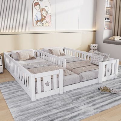 Lit enfant modulable 2en1 90x200 blanc bois, barrières sécurité motif étoiles chambre enfant