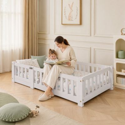 Lit Enfant Montessori 90x200 cm, Lit au Sol,avec Barrière de Sécurité, Bois Massif Pin, Blanc, pour Chambre de Garçons Filles