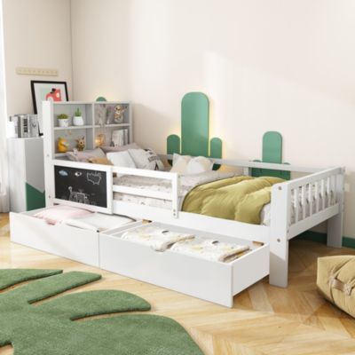 Lit enfant multifonctionnel 90x200cm - avec 2 tiroirs et un tableau noir - MDF - Blanc (matelas non inclus)