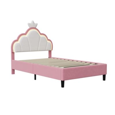 Lit Enfant Rembourré 90 X 200 Cm, LED, Tête De Lit Et Sommier à Lattes Réglables En Hauteur, Rose