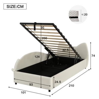Lit Enfant Rembourré 90x200 Cm, Lit Coffre Hydraulique, Lit Haut Coffre En Lin Doux Pour La Peau Beige