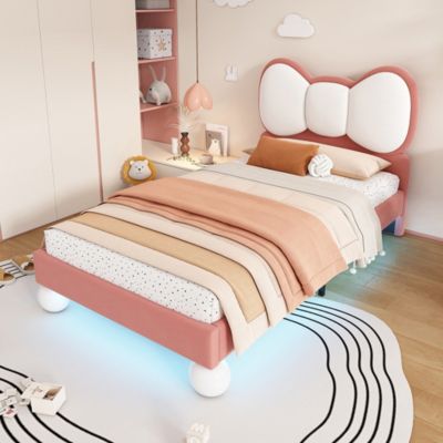 Lit enfant rembourré tête mouche, LED, velours, beige/rose, 90x200cm