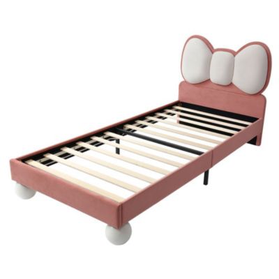 Lit enfant rembourré tête mouche, LED, velours, beige/rose, 90x200cm