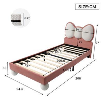 Lit enfant rembourré tête mouche, LED, velours, beige/rose, 90x200cm