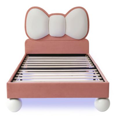 Lit enfant rembourré tête mouche, LED, velours, beige/rose, 90x200cm